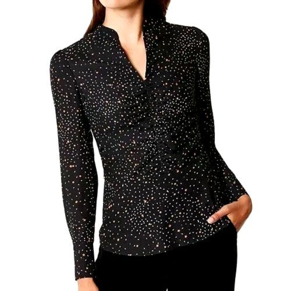 Karen Millen Black Celestial Star Print Peplum Blouse Puff Sleeve Ruched US 4